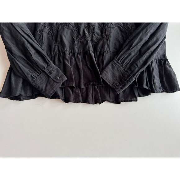 ZARA Black Floral Embroidered Cotton Silk Voile Peasant Peplum Blouse, Size S - Picture 6 of 10